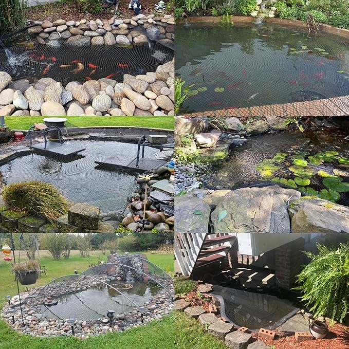 POYEE 10x10ft Pond Netting for Leaves Leaf Net Cover Pond Net with Small Fine Mesh Protecting Koi Fish from Birds Cats Stakes Included