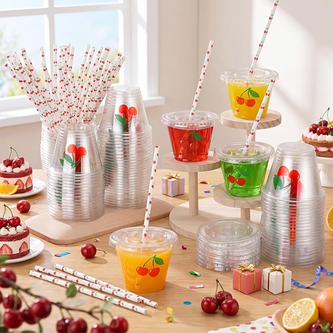 LemonRoad 100 Sets Cherry Disposable Plastic Cups Bulk with Lids Straws 9 oz Red Cherry Clear Plastic Cups Fruit Cold Beverage Drinking Container for Baby Shower Birthday Daily Holiday Party Supplies