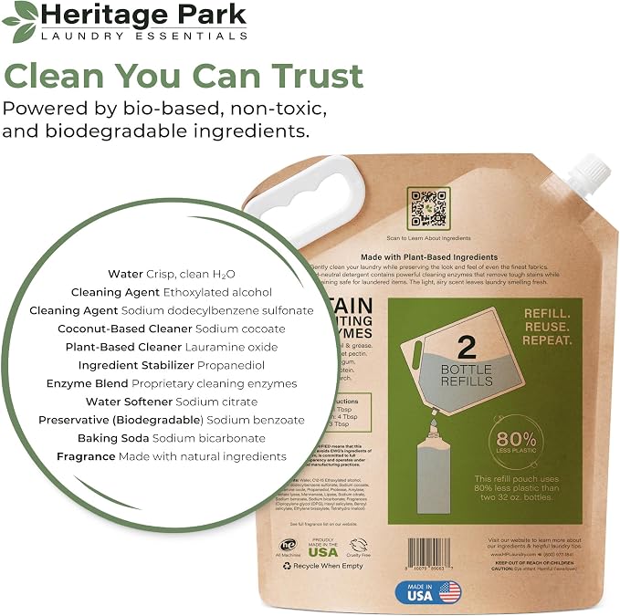 Heritage Park Luxury Laundry Detergent | Dermatologist Tested Plant based Natural & Enzyme Laundry Detergent | Sensitive Skin Friendly - Shore Breeze (64 fl oz Refill)