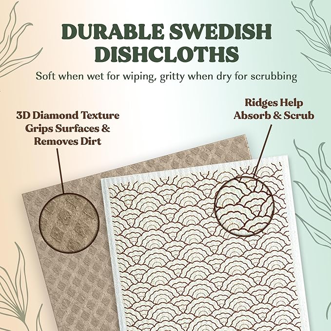 FEBU Swedish Dishcloth Bundle | Set of 3 Packs | Swedish Dishcloths for Kitchen | 5 Pack Reusable Paper Towels Washable
