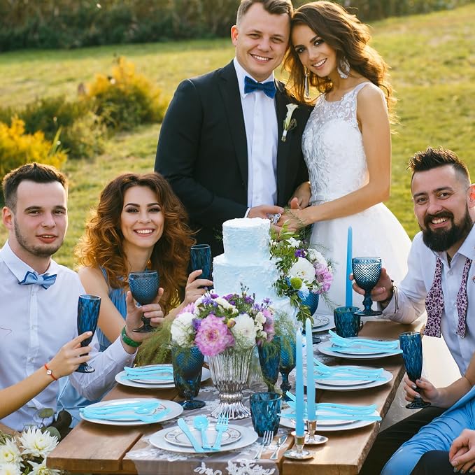 Kochorie 300 Pieces Graduation Light Blue Plastic Silverware, Disposable Plastic Utensils, Heavy Duty Cutlery Set Heavyweight Flatware Includes Spoons Forks Knives for Birthday Party Wedding Dinner