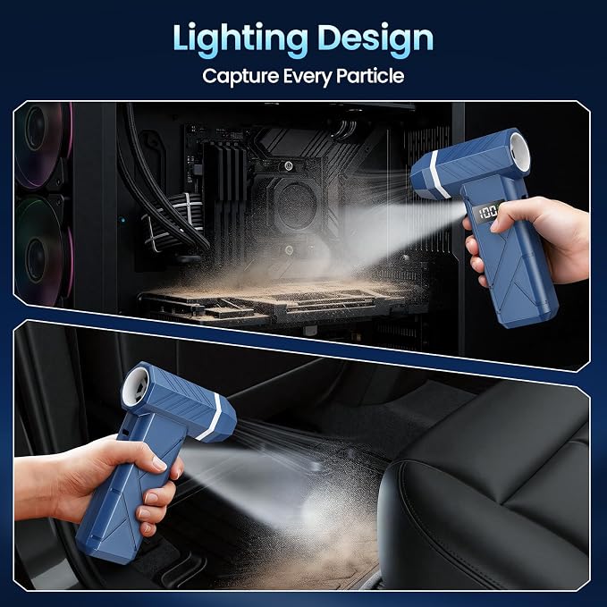 Dzaki Compressed Air Duster & Vacuum 2-in-1, 140000RPM Electric Air Duster, 4-Gear Adjustable Rechargeable Cordless Dust Blower with LED Light Fast Charging for Keyboard PC Car Home Outdoor-Navy