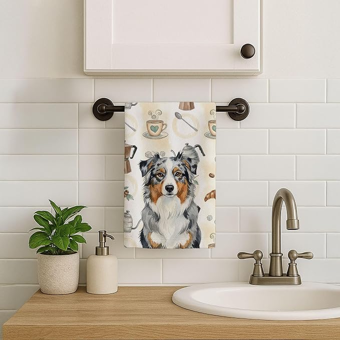 Caroline's Treasures Blue Merle Australian Shepherd Coffee Bar Kitchen Towel Velour Plush Front and Cotton Loop Back Machine Washable