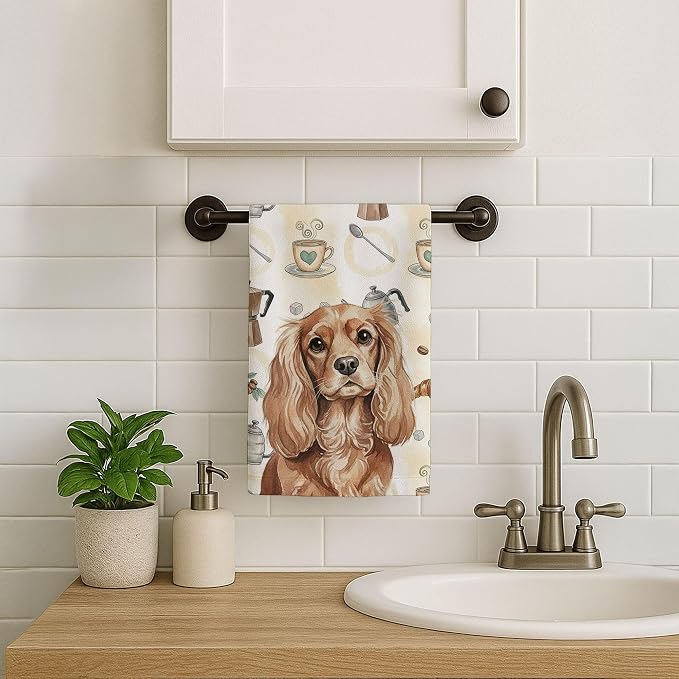 Caroline's Treasures Ruby Cavalier Spaniel Coffee Bar Kitchen Towel Velour Plush Front and Cotton Loop Back Machine Washable
