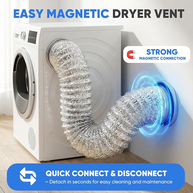 Magnetic Dryer Vent Coupler Kit, 4-Inch Quick-Connect Hose & Wall Plate, Strong Magnetic Connector for Easy On/Off, Airtight Seal, Heat-Resistant Aluminum Hose with Stainless Clamps, Screws & Anchors