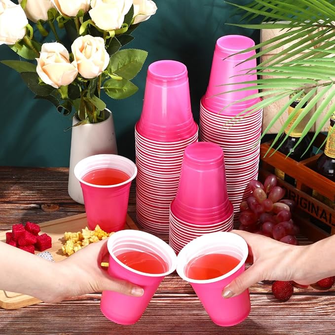 Sabary 100 Pack 12oz Plastic Cups Pink Wedding Heavy Duty Drinking Disposable Cups with Lines for Beverage Graduation Holiday Camping Barbecues Birthday Party Summer Outdoor Picnic(Pink and White)