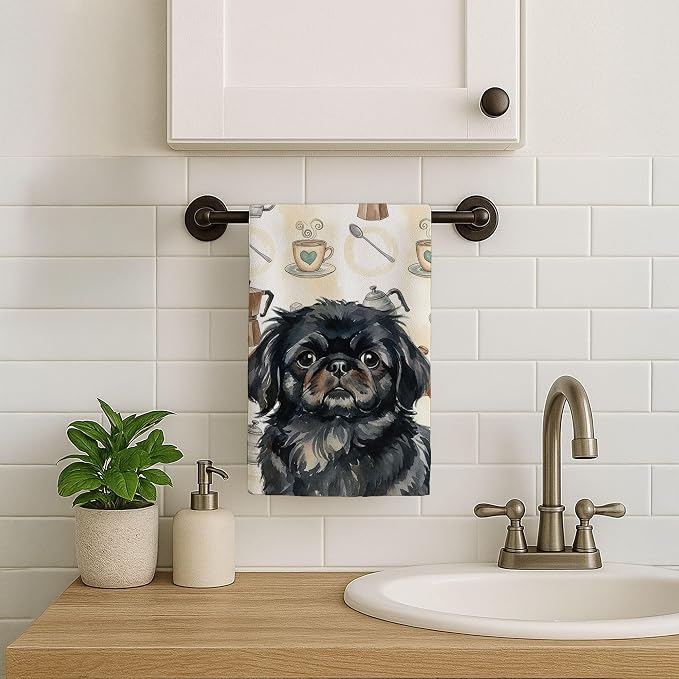 Caroline's Treasures Black Pekingese Coffee Bar Kitchen Towel Velour Plush Front and Cotton Loop Back Machine Washable