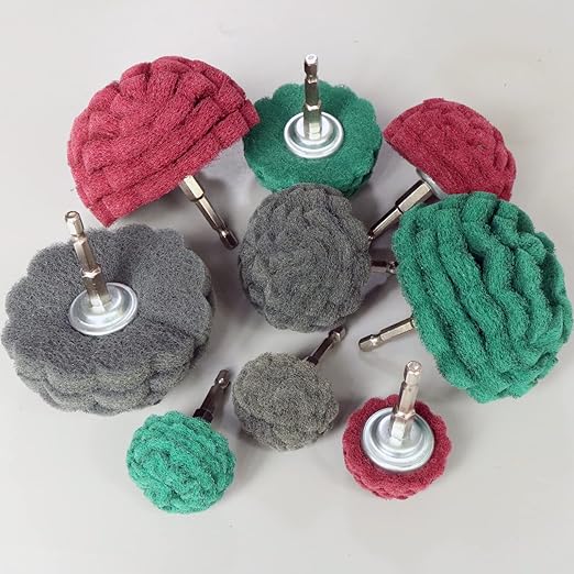 9PCS Scouring Pads Abrasive Buffing Polishing Wheel Drill Attachment Set, Non Woven Wheel Polishing Kit for Drill,Power Scrubber Drill Polishing Kit(Green red Gray 1/4” Shank