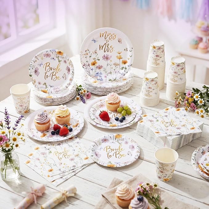 Pickmesh 250 Pcs Wildflower Bridal Shower Decorations Floral Miss to Mrs Plates and Napkins Sets Bride to Be Disposable Paper Tableware Set for Wedding, Engagement, Bachelorette Party, Serves 50