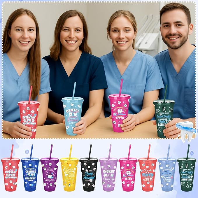 Meanplan 24 Pcs Dental Assistant Week Gifts Bulk 24 oz Plastic Teeth Tumbler with Lids and Straws Thank You Cups Travel Mugs Inspirational Dental Assistant Appreciation Gifts for Dentist Party Favors