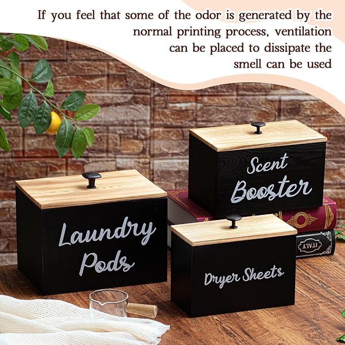Dandat 3 Pcs Wood Laundry Pods Container Dryer Sheet Holder Dryer Sheets Holder Scent Booster Container Set with Scoop Rustic Laundry Room Beads Dispenser for Storage(Black)