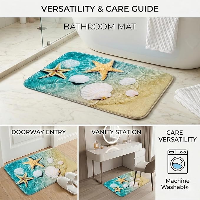 WODEJIA Bathroom Anti-Slip Foam Carpet,Durable Flannel Mat 3D Print Rug for Living Room, Absorbent Water Clearance MatS for Forlaundry Room and Kitchen, Beach Starfish Scallop Carpt 30x18 Inches