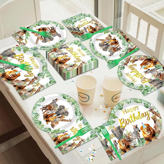 96Pcs Jungle Animals Plates and Napkins Safari Happy Birthday Party Decorations Zoo Party Dessert Plates Wild Animals Lion Tiger Theme Tableware for 24 Guests Men Woman Adults Birthday Supplies