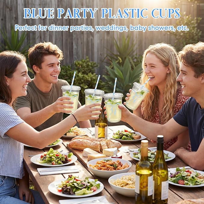 LemonRoad 50sets 16oz Blue Bow Cups Blue Birthday Party Decorations Supplies Cute Plastic Cups Disposable with Lids and Straws, for Valentines Galentines Day Christmas Wedding Baby Shower Decorations