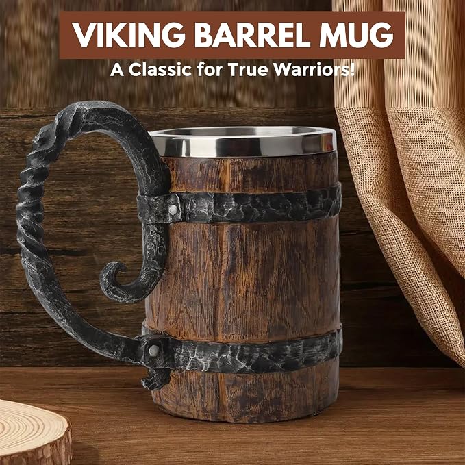 Rite Edge Viking Barrel Mug 550ml - Stainless Steel & Resin, Old Barrel Design, Rustic Medieval Drinking Mug, Durable Craftsmanship for Beer & Beverages