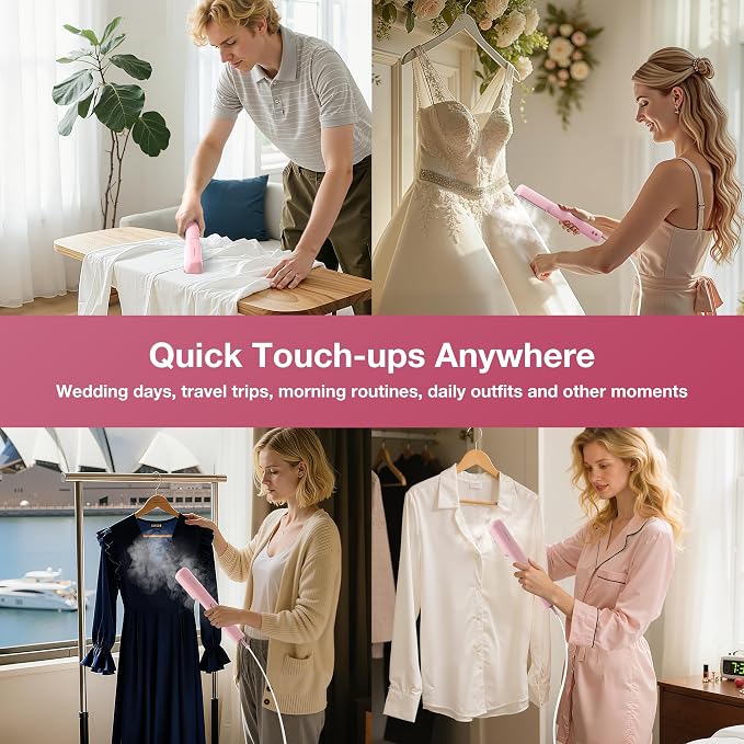 Newbealer 2in1 Travel Iron, 100-240V Clothes Steamer, 2 Steam Levels, Pink | Portable for On-the-Go, Heats in 20s, Dry Iron No Clamp, 180° Rotatable Head, 360° Leak-Proof, Auto-Off, Self-Cleaning, 90ml