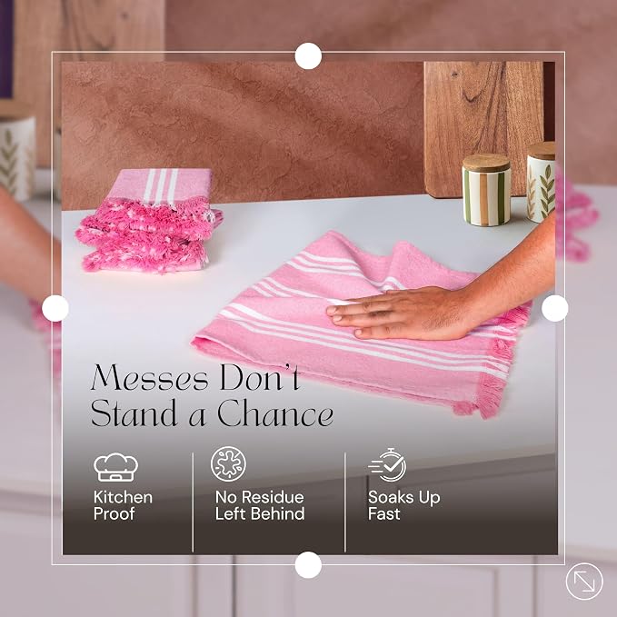 Rose Pink Monochrome Stripe Kitchen Towels 5 Pack, 16x26 Inch, 100% Cotton, Super Absorbent & Quick Dry, Durable, Fringed Dish Towel for Drying Dishes, Washable, Everyday Use