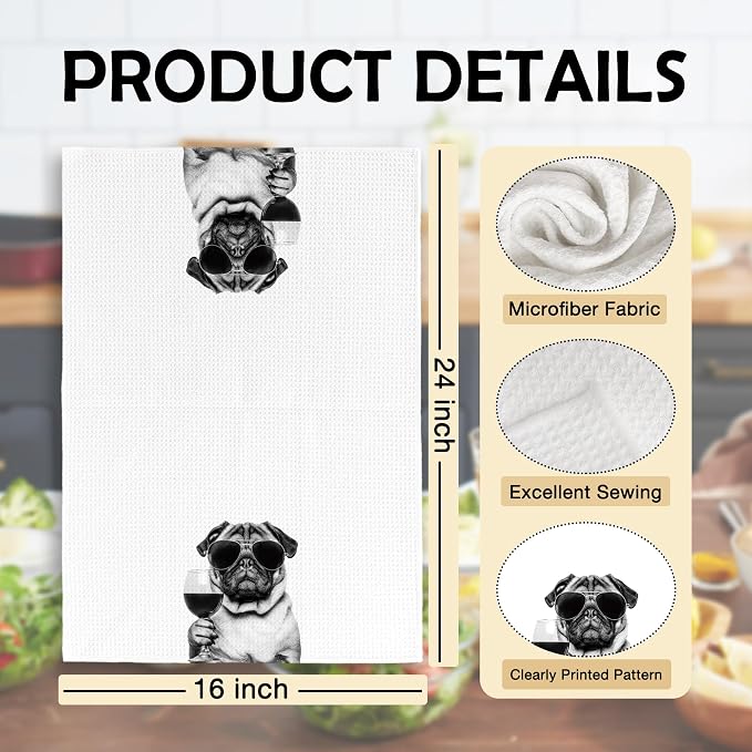Funny Pug Wine Kitchen Towels, Gifts for Dog Wine Lovers, Bar Accessories Dish Tea Towels for Kitchen, Dog Owners Housewarming Gift Decorative Hand Towel 16x24 Inch