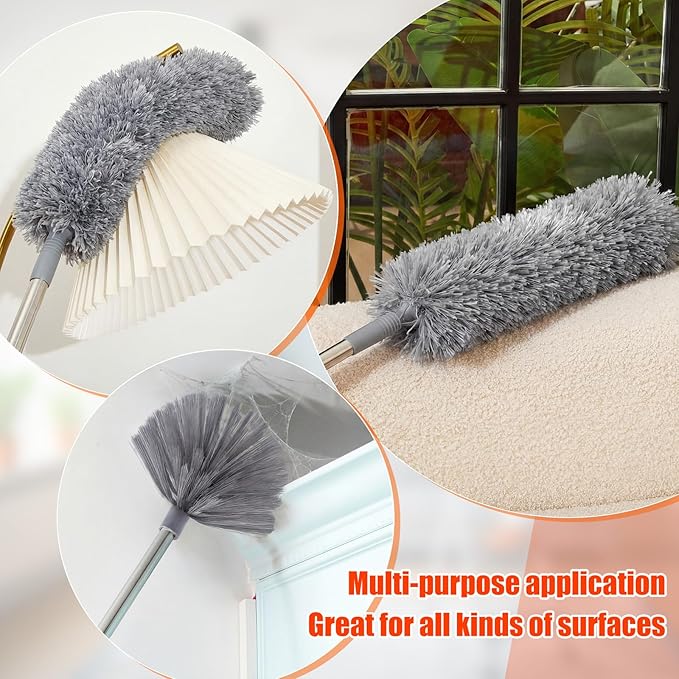 30 Feet High Reach Duster Kit with 2-24 ft Extension Pole High Ceiling Dusting and Window Cleaning Kit with Window Washer & Squeegee, Cobweb Duster, Washable Head for Ceiling Fan (Gray)