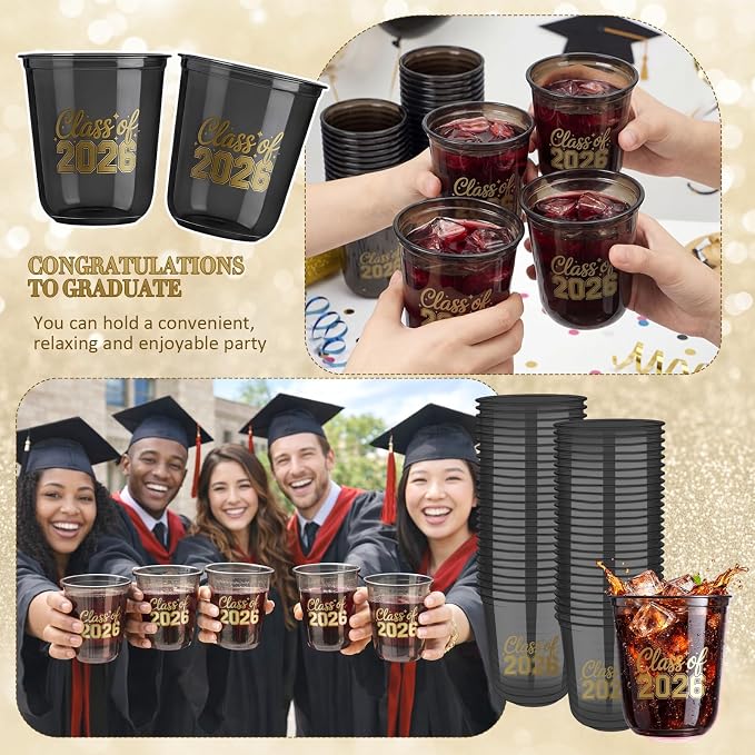 Potchen 50pcs Graduation Cups Class of 2026 12oz Clear Plastic Graduation Party Cups for 2026 Celebration Party Supplies Congrats Grad Tableware Decoration(Black Yellow)