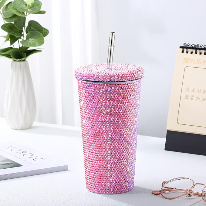 Mimorou Studded Bling Diamond Tumbler Glitter Water Bottle with Lid Stainless Steel Vacuum Thermal Straw Rhinestone Tumbler with 1 Pcs Cup Brush 6 Pcs Straw Brushes for Women(16.9 oz,AB Pink)