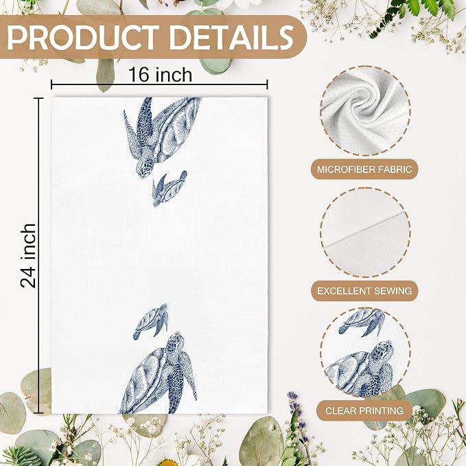 Coastal Turtle Beach Decor Dish Hand Tea Towels for Bathroom Kitchen, Sea Turtle Ocean Nautical Beachy Bathroom Decor Gifts, Coastal Nautical Kitchen Towels and Dishcloths Sets of 2, 16x24in