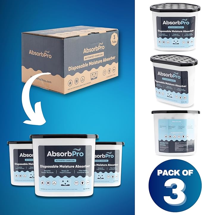 Absorb Pro - Moisture Absorber Tub with Activated Charcoal - 3-Pack - 18 oz Disposable Odor Eliminator Box & Dehumidifier for Garage, Home, Kitchen, Bedroom, Bathroom, Closet, Cars, and Boats