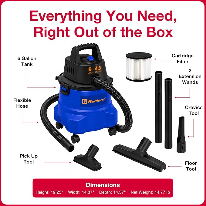 Koblenz WD-6 L212 Wet Dry Vacuum Cleaner, 6 Gallon, 4.5 PHP, 3-in-1 Suction & Blower, 16 ft Reach, Big Cleaner for Car, Shop Vacuum Wet and Dry, Swivel Casters, Black/Blue