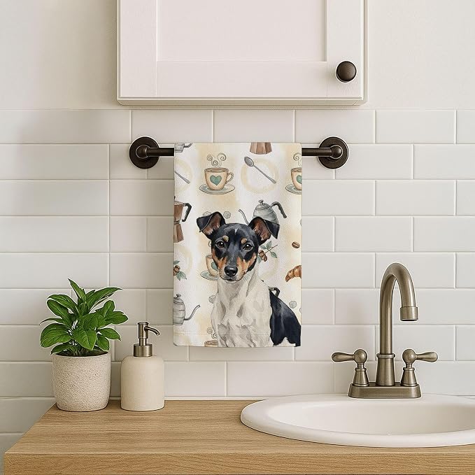 Caroline's Treasures Black and White Rat Terrier Coffee Bar Kitchen Towel Velour Plush Front and Cotton Loop Back Machine Washable