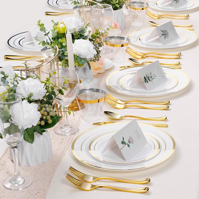 BESTSTAR 7 Inch White with Gold Rim Plastic Plates,100PCS Disposable Dessert/Appetizer/Small Cake Plates,Heavy Duty Plate Ideal for Wedding and Birthday