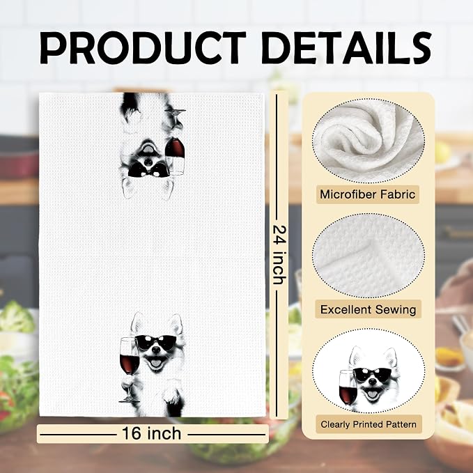 Funny Pomeranian Wine Kitchen Towels, Gifts for Dog Wine Lovers, Bar Accessories Dish Tea Towels for Kitchen, Dog Owners Housewarming Gift Decorative Hand Towel 16x24 Inch