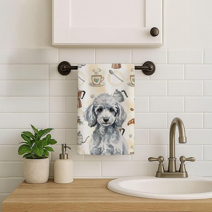 Caroline's Treasures Miniature Silver Poodle Coffee Bar Kitchen Towel Velour Plush Front and Cotton Loop Back Machine Washable