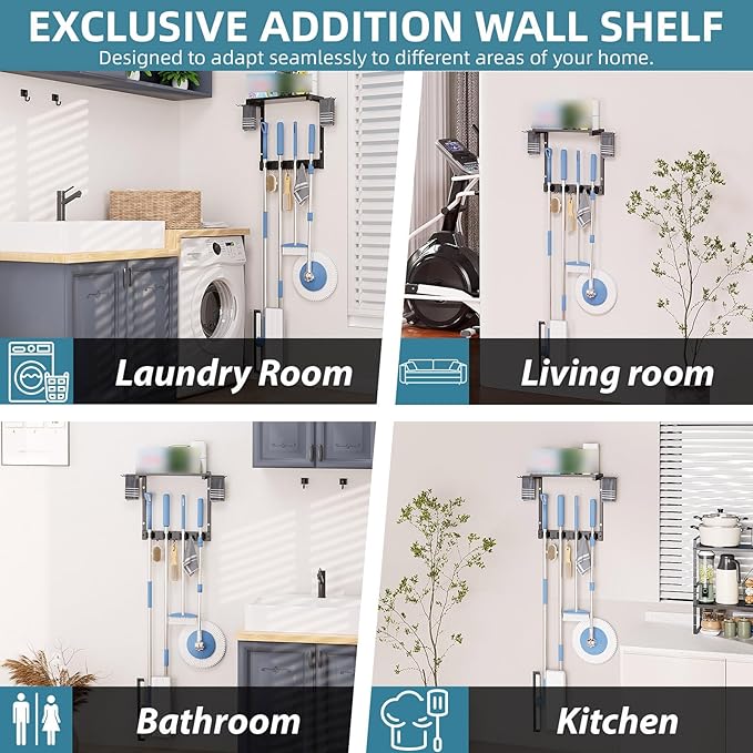 Broom Holder Wall Mount with Cleaning Supplies Organizer, Laundry Room Organization and Storage Shelves, Mop Hanger Broom Rack with Hooks, Home Improvement Kitchen Shelf Garage Organizer
