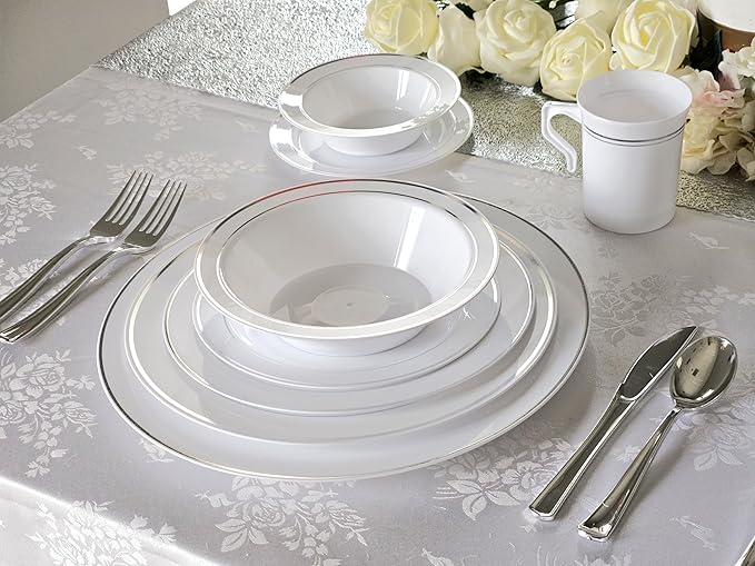 " OCCASIONS " 40 Piece Plates Pack, Heavyweight Disposable Wedding Party Plastic Bowls (6 oz Dessert Bowls, White & Silver Rim)