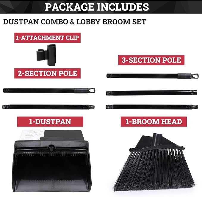 KLEEN HANDLER 48.5" Broom with Dustpan Combo Set with Long Handle for Home, Kitchen, Office, Lobby, Indoor/Outdoor Sweeping & Commercial Use, Black (1 Set)