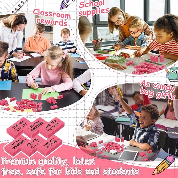 Resurhang 180 Pcs Erasers Bulk for Kids Inspirational Pencil Erasers Bulk for Drawing Motivational Big Eraser School Supplies for Classrooms Back to School Office (Motivational,Pink)