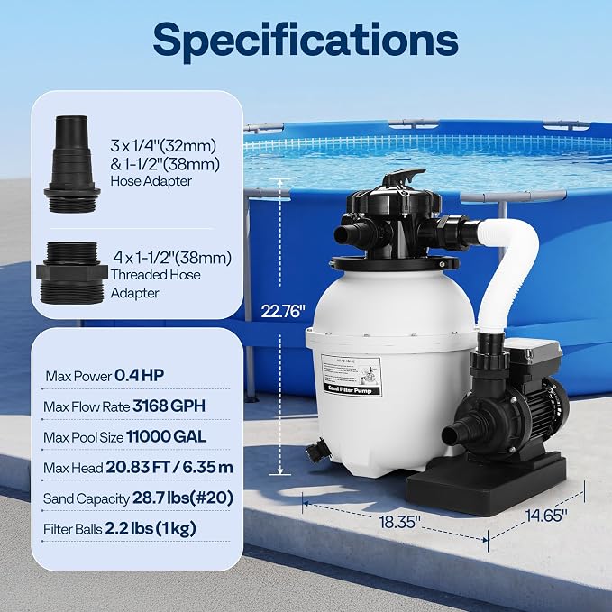 VIVOHOME 12 in Sand Filter Pump for Above Ground Pool, 0.4 HP 3168 GPH, Swimming Pool Filter System with 24H Timer & 6-Way Valve, High-Efficiency Filtration for Pools Up to 11,000 Gallons