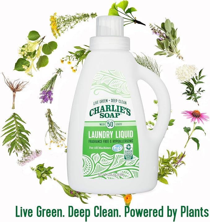 Charlie’s Soap Laundry Liquid (50 Loads, 1 Pack) Natural Deep Cleaning Hypoallergenic Laundry Detergent – Safe, Effective and Non-Toxic