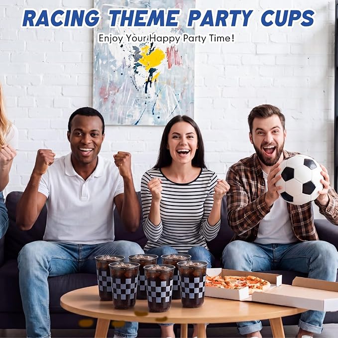 Ziliny 50 Pcs 16oz Black Checkered Cups Racing Party Round Bottom Plastic Cups Party Decorations, Disposable Clear White Black Checkered Flag Cup for Racing Themed Birthday Drink Supplies Decorations