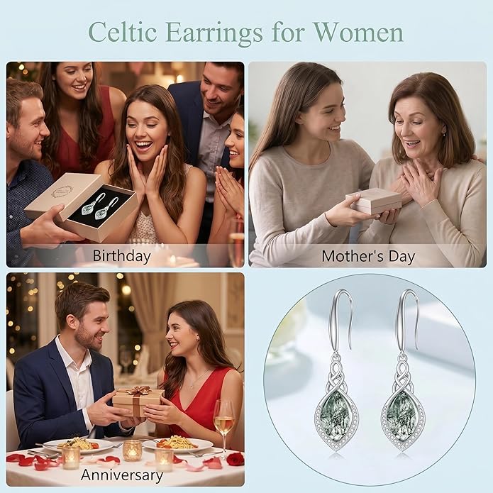 PELOVNY Celtic Knot Filigree Earrings for Women 925 Sterling Silver Moss Agate/Birthstone Infinity Earrings Birthday Christmas Jewelry Gifts for Mom Daughter Wife Sister