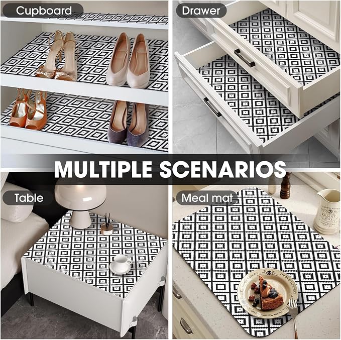 Drawer and Shelf Liner, Non-Slip Kitchen Cabinet Liners Non-Adhesive Thick Strong Grip Waterproof Washable Mats Protect Dresser Shelves Cupboard Bathroom Cabinets, Black & White, 18 in X 20 FT