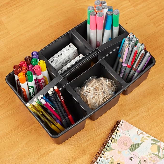 ECR4Kids 6-Compartment Large Plastic Caddy, Multipurpose Organization, Black, 6-Pack