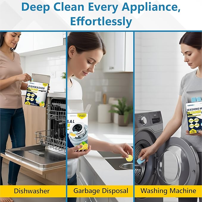 WipeoutX 3-in-1 Appliances Cleaner 72 Tablets Combo (24 Each) Dishwasher Cleaner, Washing Machine Cleaner & Garbage Disposal Cleaner Tablets – Deep Cleaning & Deodorizer