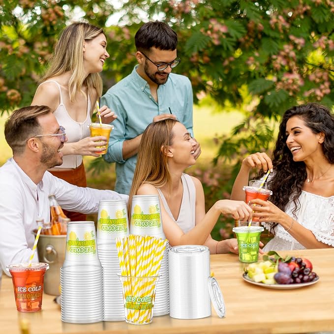 Umigy 100 Pack Plastic Disposable Cups with Lids and Straws 12 oz Disposable Cups for Juice Water Coffee Summer Party Sports Party Supplies (Ice Cold)