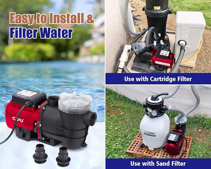 CIPU 1/2 HP Pool Pump with Timer, 3120 GPH Above Ground Pool Pump with Filter Basket and Hose Adapters, 115V Self-Priming Pool Filter Pump Replacement for Sand Filter Systems