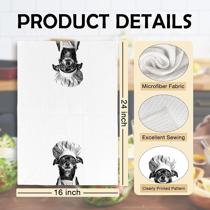 Funny Chef Chihuahua Kitchen Towels Set of 2, Chihuahua Gifts for Women Dish Tea Towels for Kitchen, Dog Mom Dad Lovers Owner Gifts Decorative Hand Towel, 16x24 Inch
