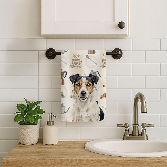 Caroline's Treasures Parson Russell Terrier Coffee Bar Kitchen Towel Velour Plush Front and Cotton Loop Back Machine Washable