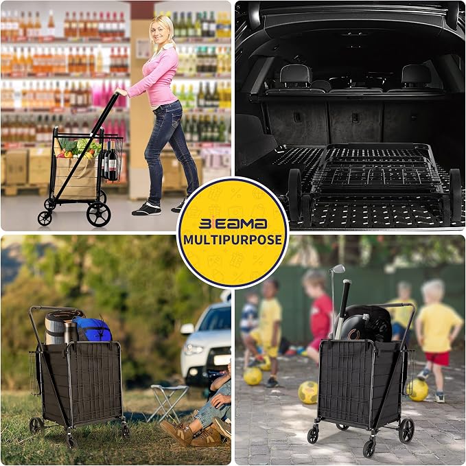 BIEAMA Folding Shopping Cart with Waterproof Liner, Grocery Cart 400 Lb | Utility Cart with Large Bag, Top Cover, 360 Rolling Swivel Wheels, Extra Basket