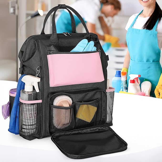 LoDrid Heavy Duty Cleaning Supplies Bag with Steel Frame Top, Large Cleaning Caddy with Adjustable Shoulder Straps and Multiple Pockets for Housekeeping Work, Pink, Bag Only, Patent Designed