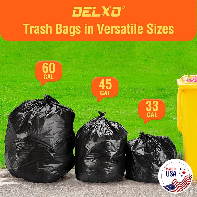Delxo 30-33 Gallon Trash Bags, 1000 Count – 0.6 Mil Medium Duty Garbage Bags, Durable Plastic Bolsas para basura, Perforated Design– Made in USA for Kitchen, Yard, Office (Black)